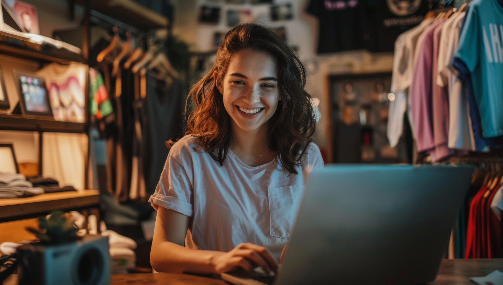 College student using fast fiber internet on laptop